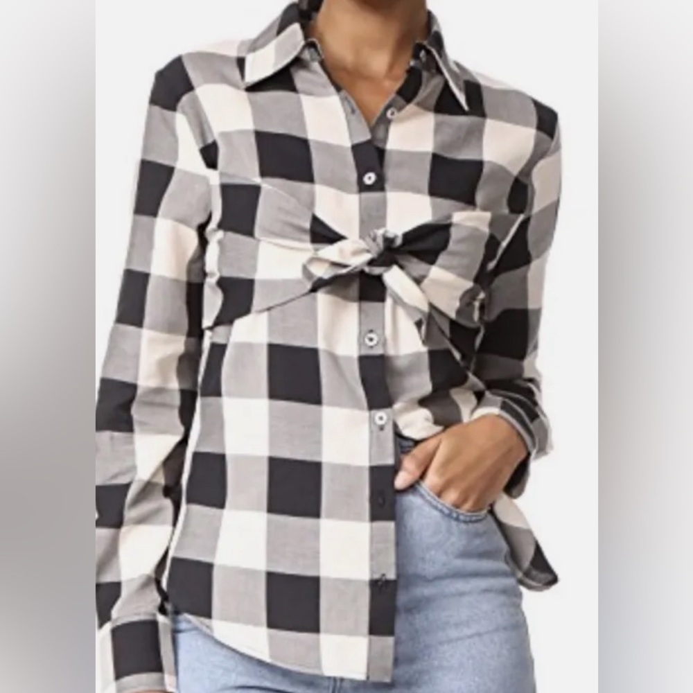 Mara Hoffman black and white plaid tie-front button down shirt